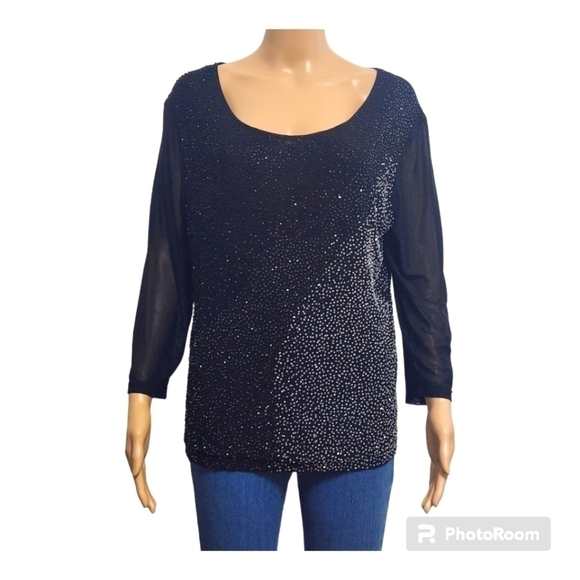 Laura Black Beaded 3/4 Sleeve Sheer Top - Picture 1 of 10